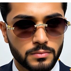 Men Women Sunglasses Oval Rimless Gold Accent‎ Black Arms Fashion Eyewear Lentes